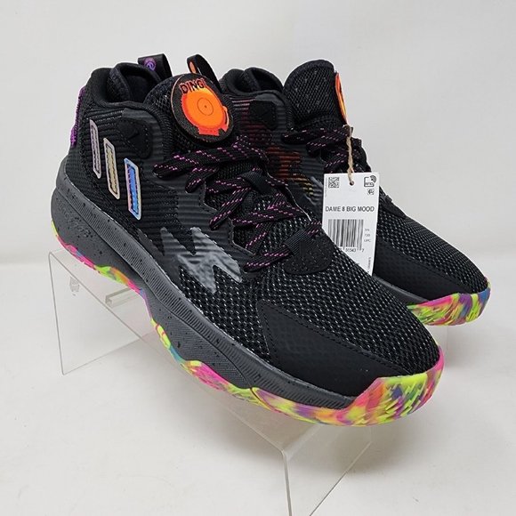 Adidas Basketball Shoes Mens 6 Black Dame 8 Big Mood Emoji Mesh Upper Sneakers